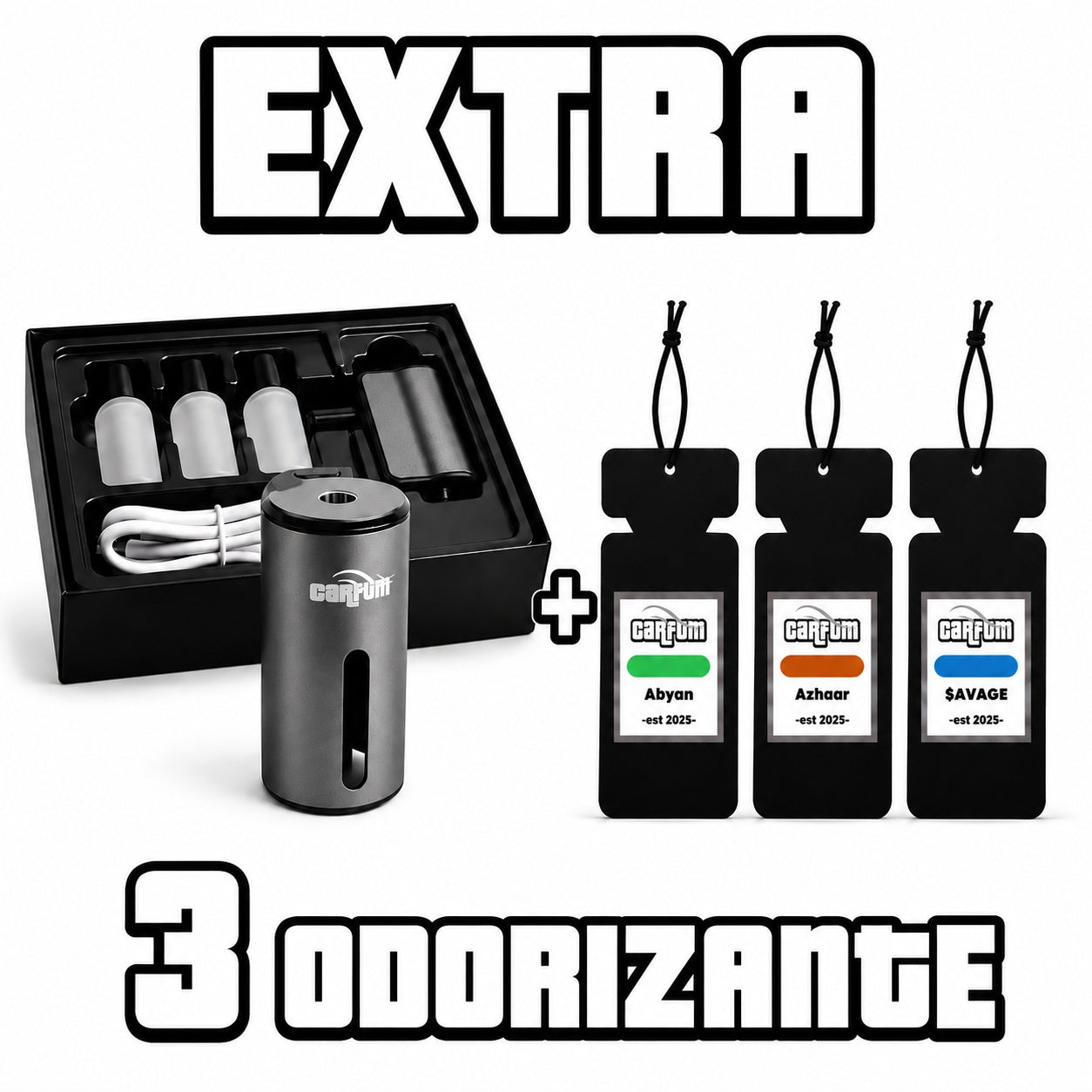 BUNDLE Carfum Difuzor Auto + 3 Odorizante Auto la alegere.